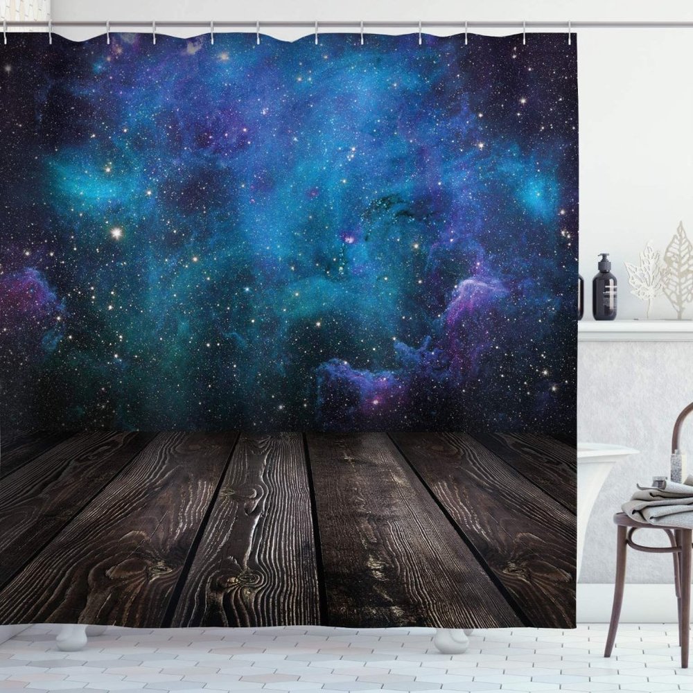 Ambesonne GALAXY Shower Curtain, OUTER SPACE WITH RUSTIC DECK; 69” w x 70” l
